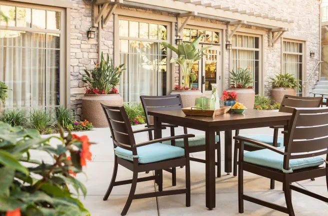Outdoor patio with a dining set and decorative plants.