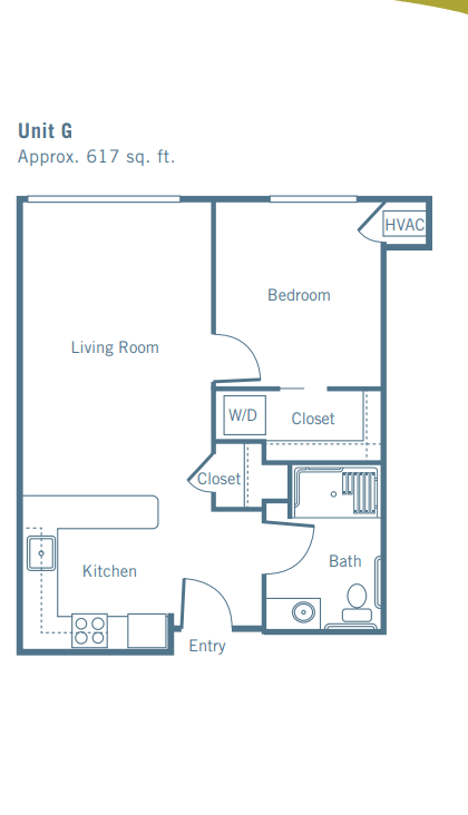One-bedroom apartment floor plan with living room, kitchen, and bathroom.
