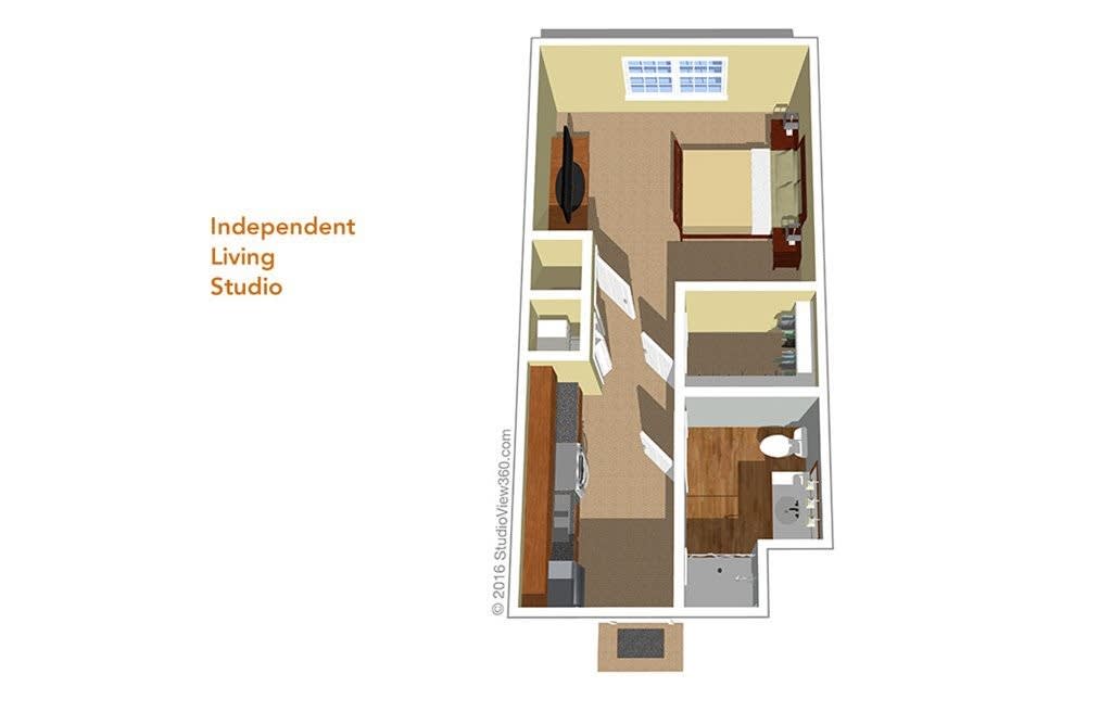 3D floor plan of an independent living studio apartment.