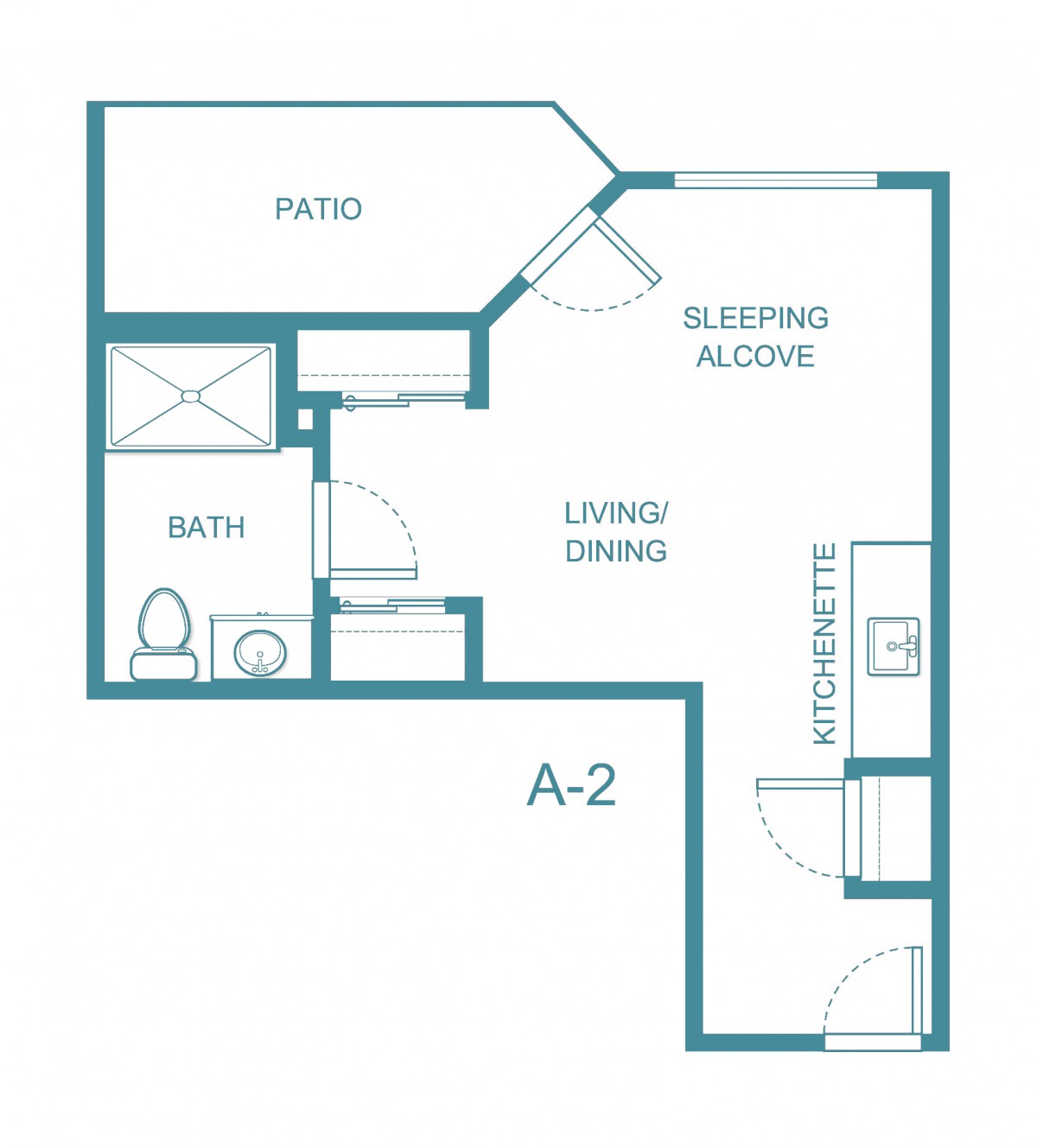 A schematic image of a studio apartment floor plan labeled A-2, featuring areas such as the sleeping alcove, living/dining area, patio, kitchenette, and bathroom.