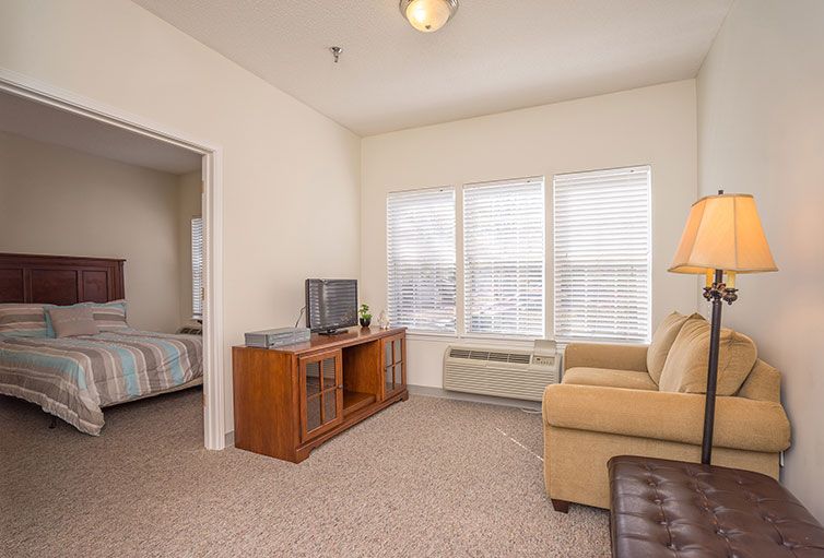 A cozy living room with a sofa, television, and large windows allowing natural light.