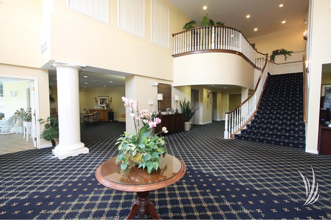 A spacious hotel lobby with a grand staircase and decorative plants.