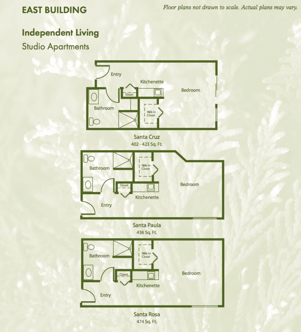 Studio apartment floor plans for independent living.