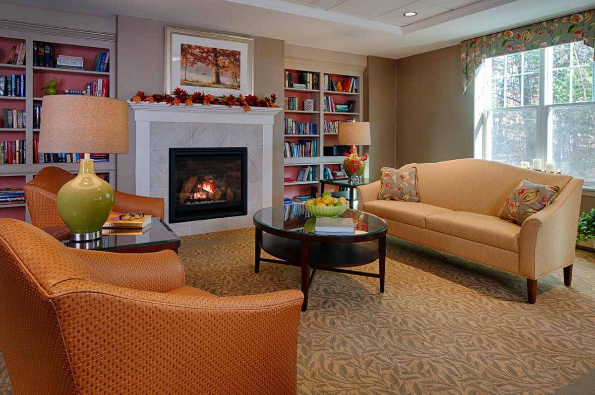 Cozy living room with a fireplace and bookshelves.