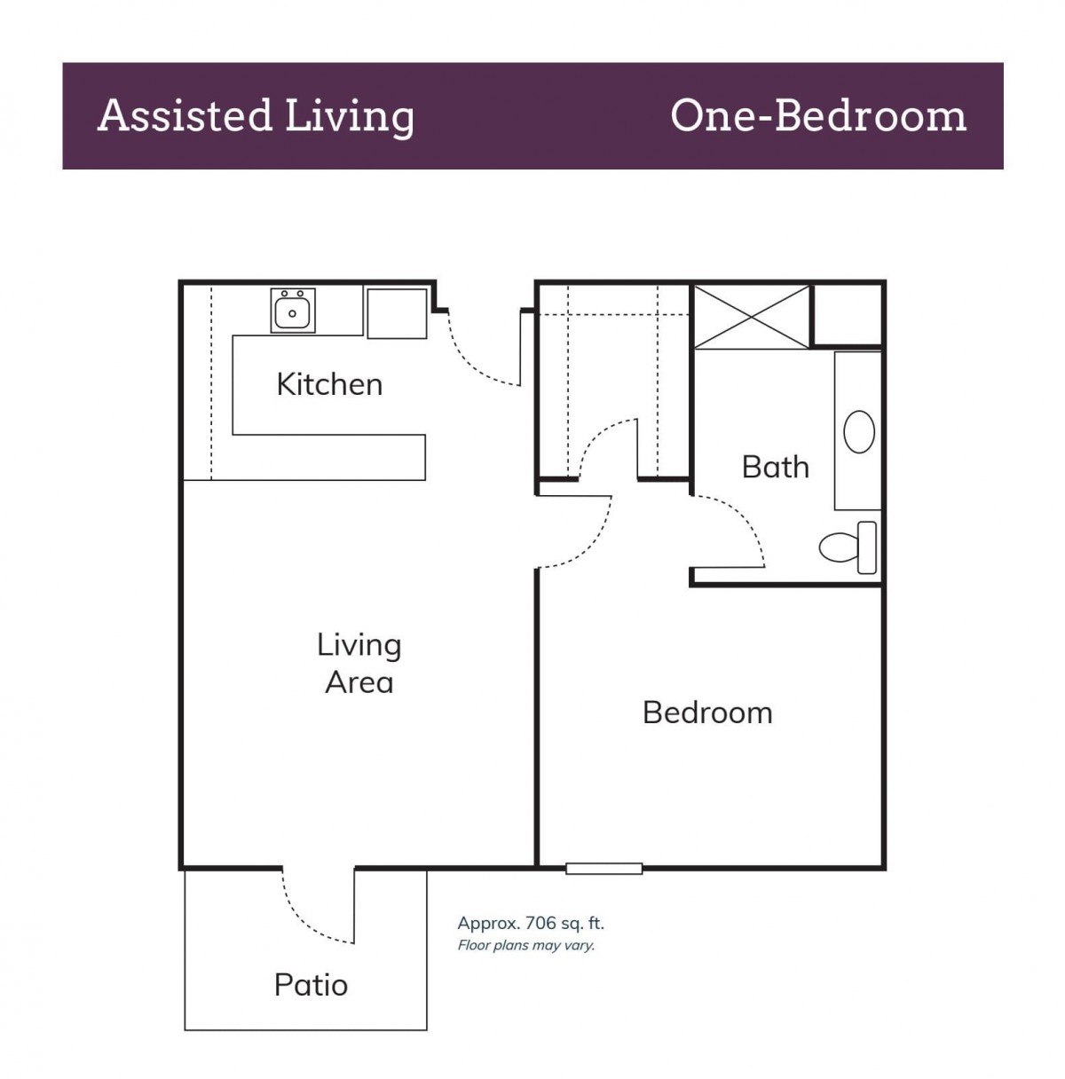 Floor plan of a one-bedroom assisted living apartment, featuring a living area, kitchen, bedroom, bathroom, and patio.