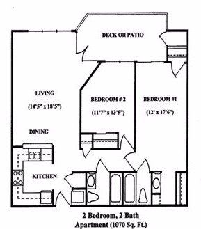 A floor plan of a three-bedroom, two-bathroom apartment with a kitchen, living room, dining area, and deck or patio.