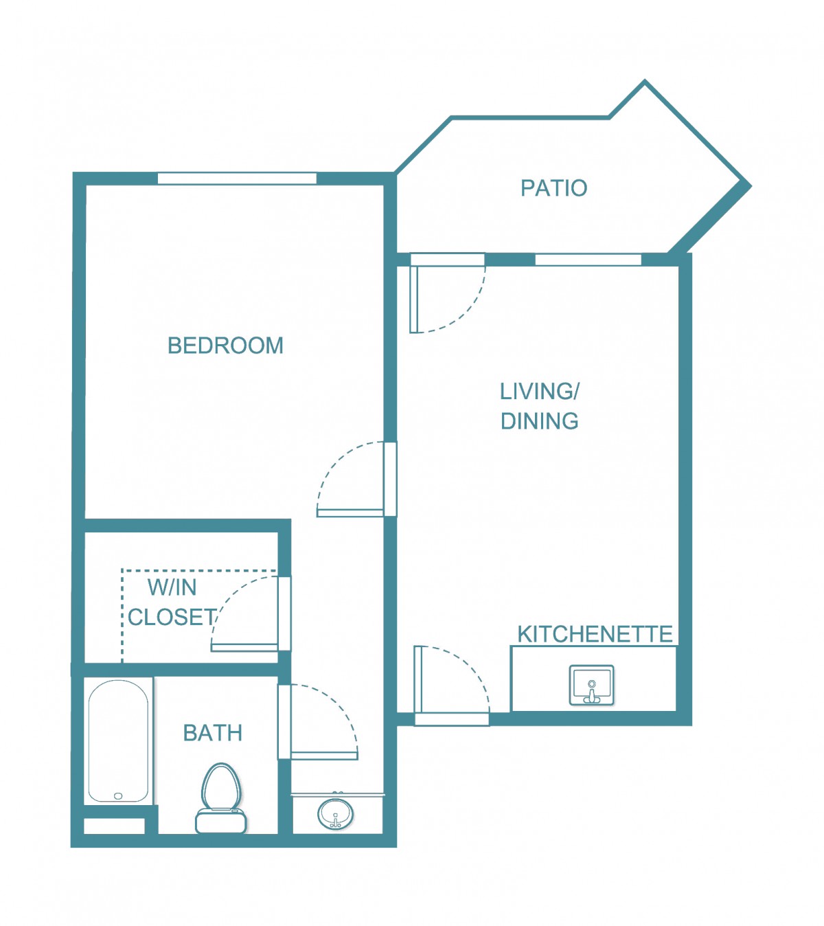 One-bedroom apartment floor plan with living, dining, and patio areas.