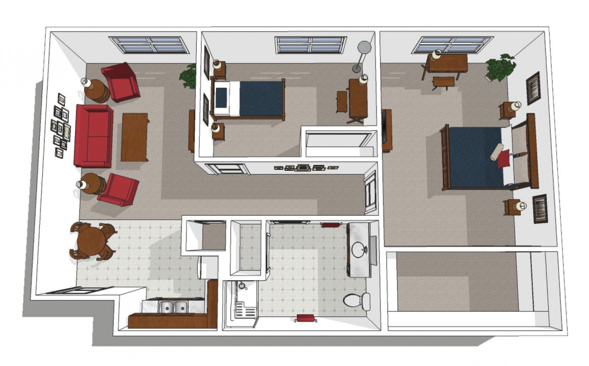 A detailed floor plan of an apartment showing multiple rooms including two bedrooms, a living room, kitchen, and bathroom.