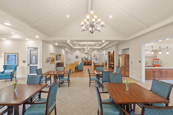 A spacious dining area with elegant decor and a central chandelier.