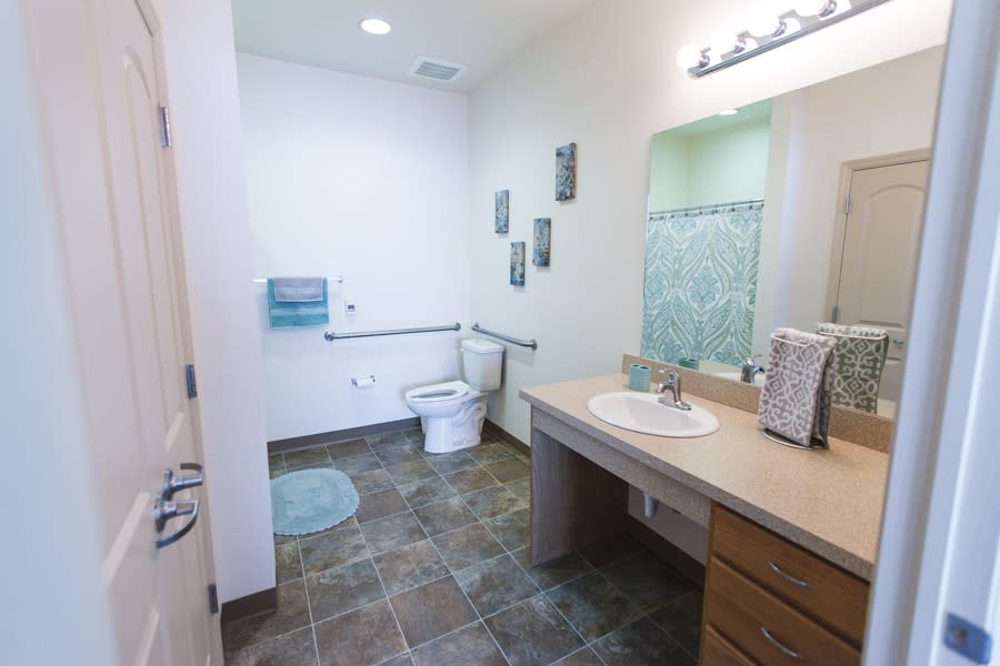 A modern bathroom with a sink, toilet, and handrails, featuring a tiled floor and bright lighting.