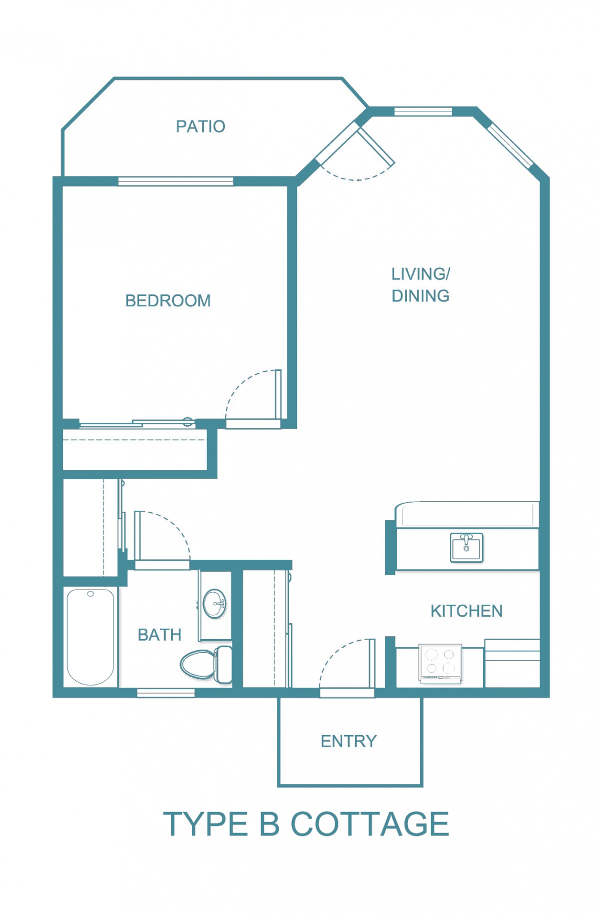 One-bedroom apartment floor plan with kitchen, living/dining area, bathroom, and entry.