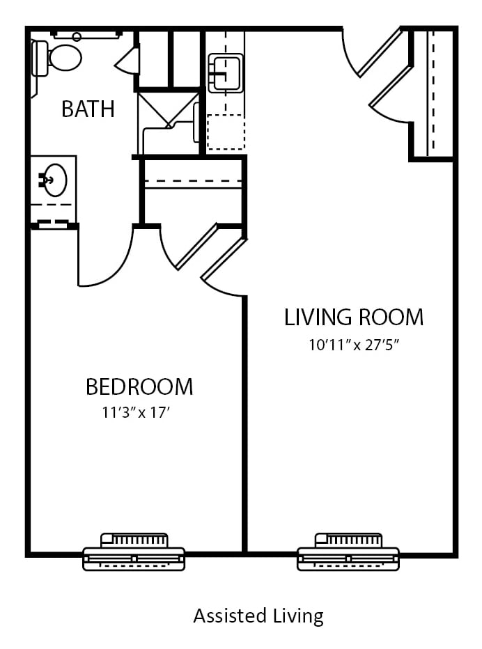 A floor plan of a one-bedroom apartment with labeled living room and bathroom.