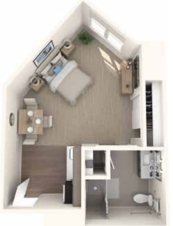 Studio apartment floor plan with integrated living, dining, and kitchen areas.