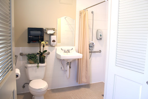 A clean and accessible bathroom featuring a toilet, sink, shower with curtain, and a decorative plant.
