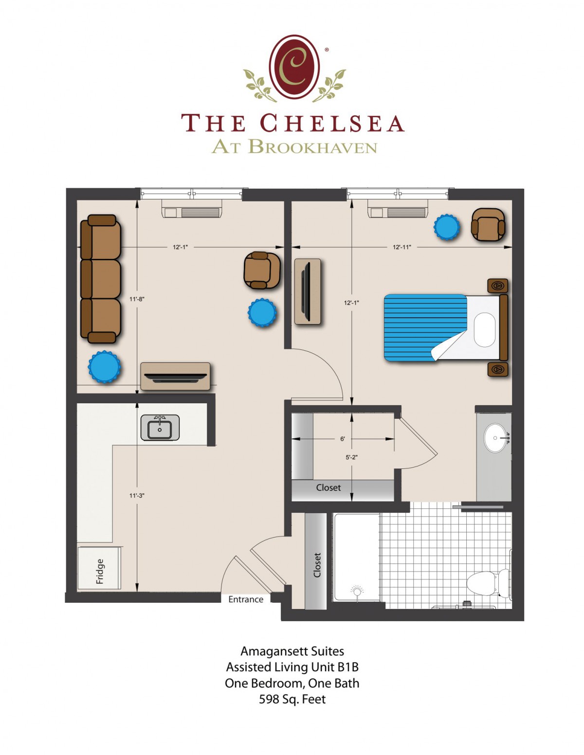 A detailed floor plan of a one-bedroom apartment suite featuring a living area, bedroom, kitchen, and bathroom.
