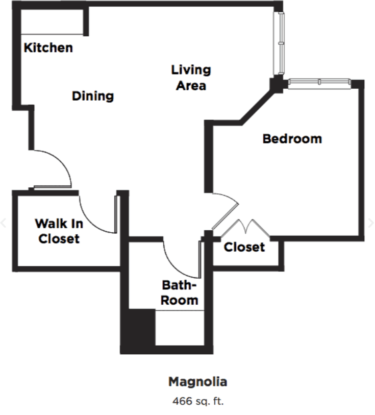 A floor plan of a one-bedroom apartment featuring a kitchen, dining area, living area, bathroom, and closets.