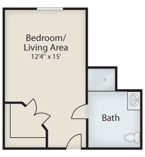Studio apartment layout showing a combined bedroom/living area and a bathroom.