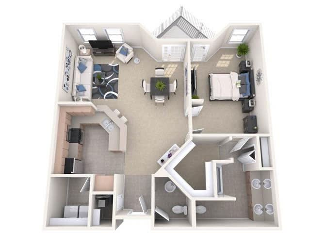 A 3D floor plan of a residential apartment showing the layout of rooms.