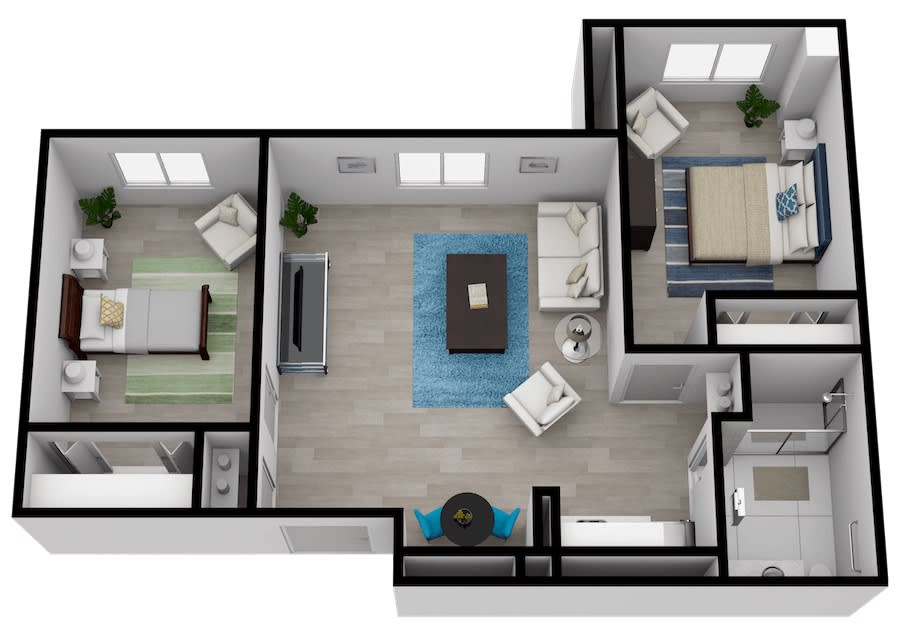 A modern apartment floor plan showcasing a two-bedroom layout with a living room and kitchen.