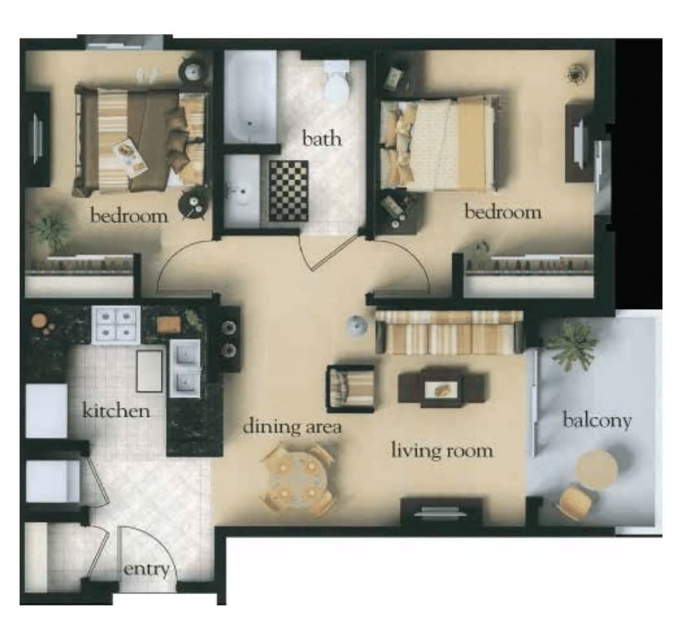 A floor plan of a two-bedroom apartment featuring a living room, kitchen, and balcony.