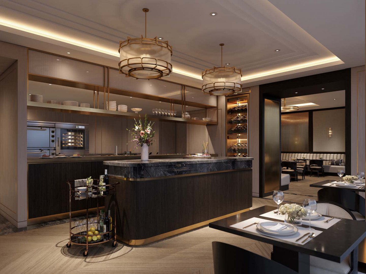 A luxurious, modern kitchen with elegant lighting and a dining area.