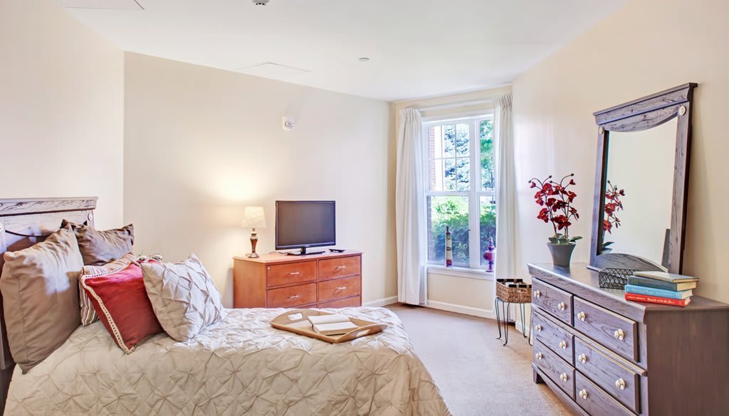 A cozy bedroom with a bed, dresser, and television, warmly lit by natural light from a large window.