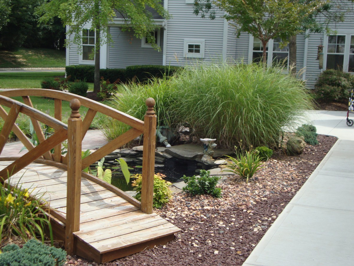 A serene garden scene featuring a wooden bridge over a small pond surrounded by lush greenery.