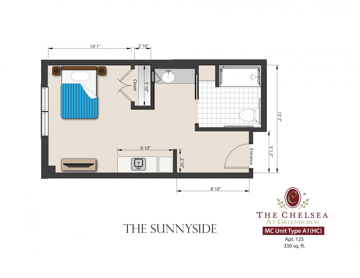 The floor plan of 'The Sunnyside' studio apartment from The Chelsea, featuring a compact and efficient layout.