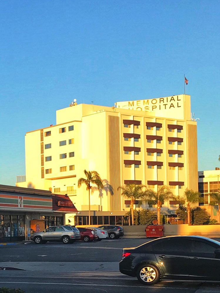 A city hospital building illuminated by the sunset, with palm trees in the foreground.