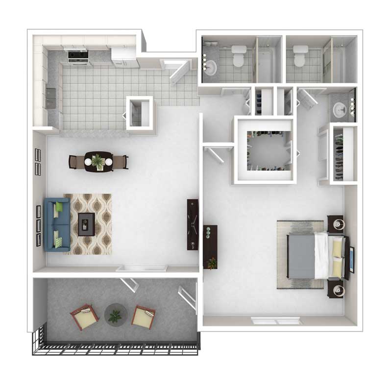 A detailed floor plan of a one-bedroom apartment featuring a living room, kitchen, and balcony.