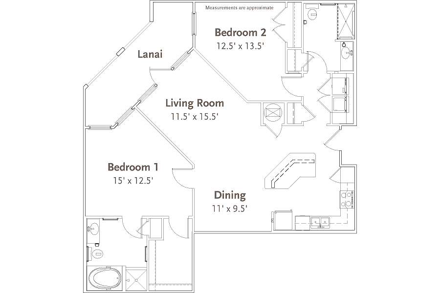 A floor plan of a two-bedroom apartment featuring a living room, dining area, and lanai.