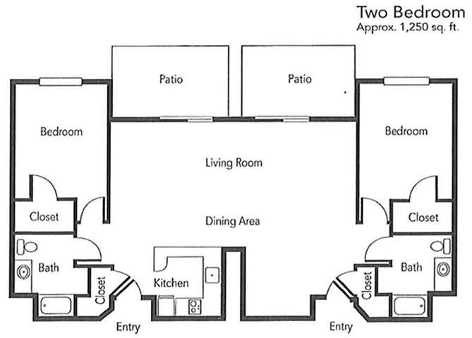 Floor plan of a two-bedroom apartment with a living room, kitchen, bathroom, and patios.