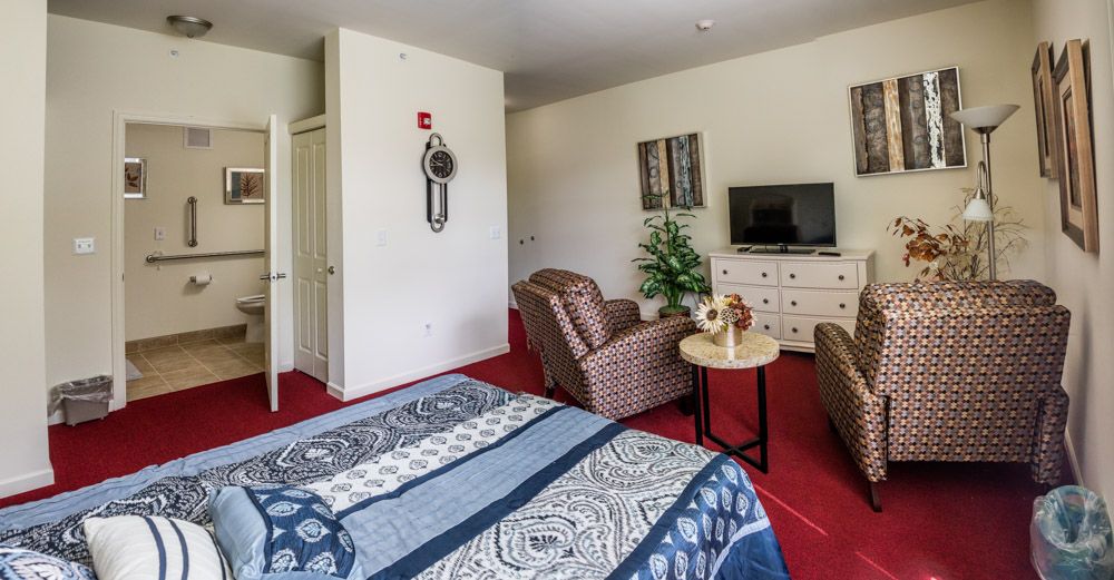 A cozy bedroom with a patterned bedspread, armchairs, a TV on a dresser, and red carpet flooring.