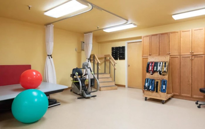 A well-equipped exercise and therapy room featuring fitness equipment and accessories.