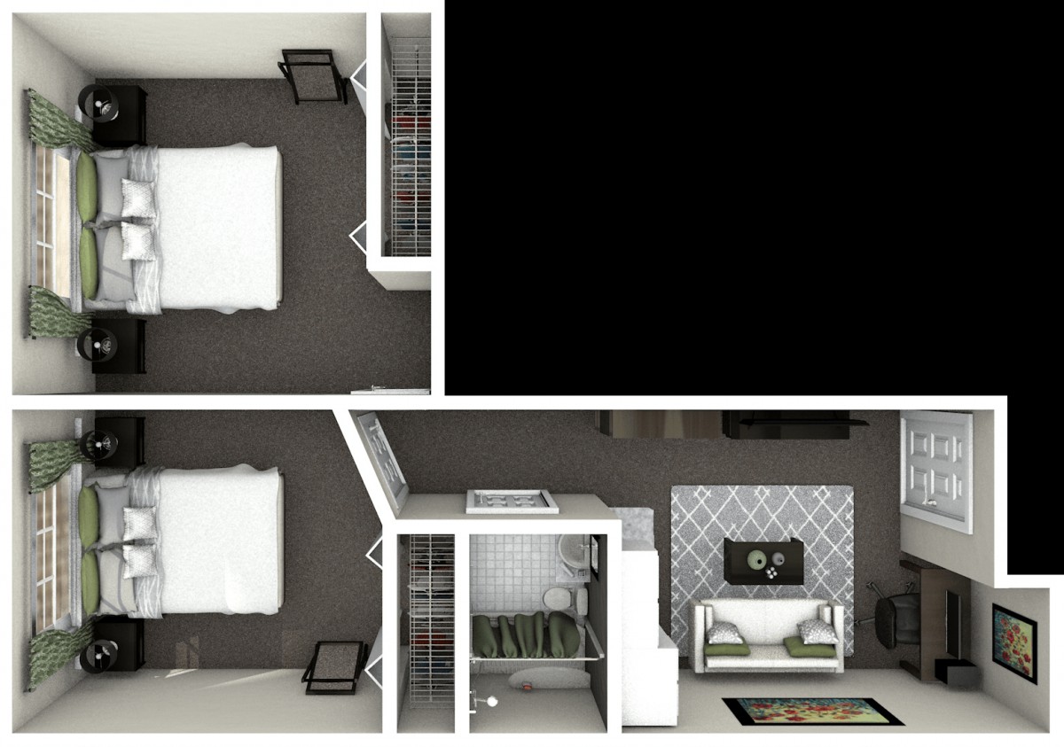 A top-down view of a floor plan featuring a bedroom and living room layout.