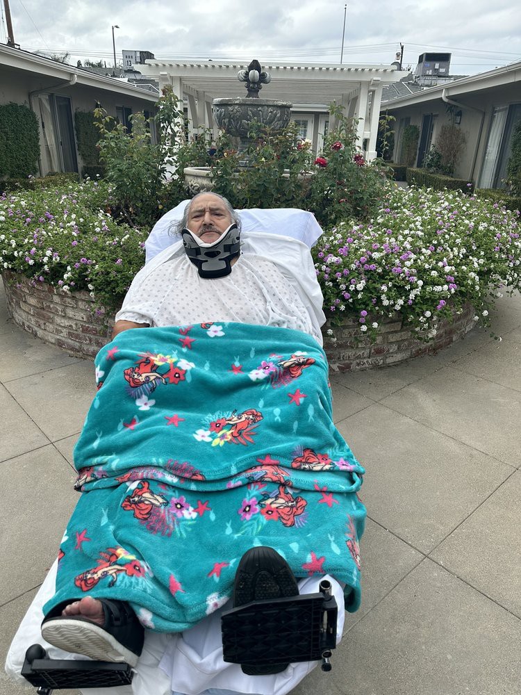 A person in a hospital bed with a neck brace, covered by a colorful blanket, positioned outdoors in a garden setting.
