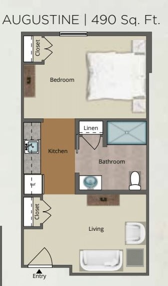 A floor plan of a one-bedroom apartment featuring a kitchen, bathroom, and living space.