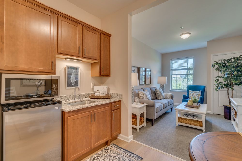 A modern apartment interior featuring a small kitchen area leading into a cozy living room.