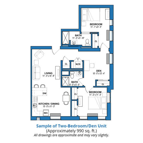 Sample floor plan of a two-bedroom apartment unit, approximately 950 sq. ft.