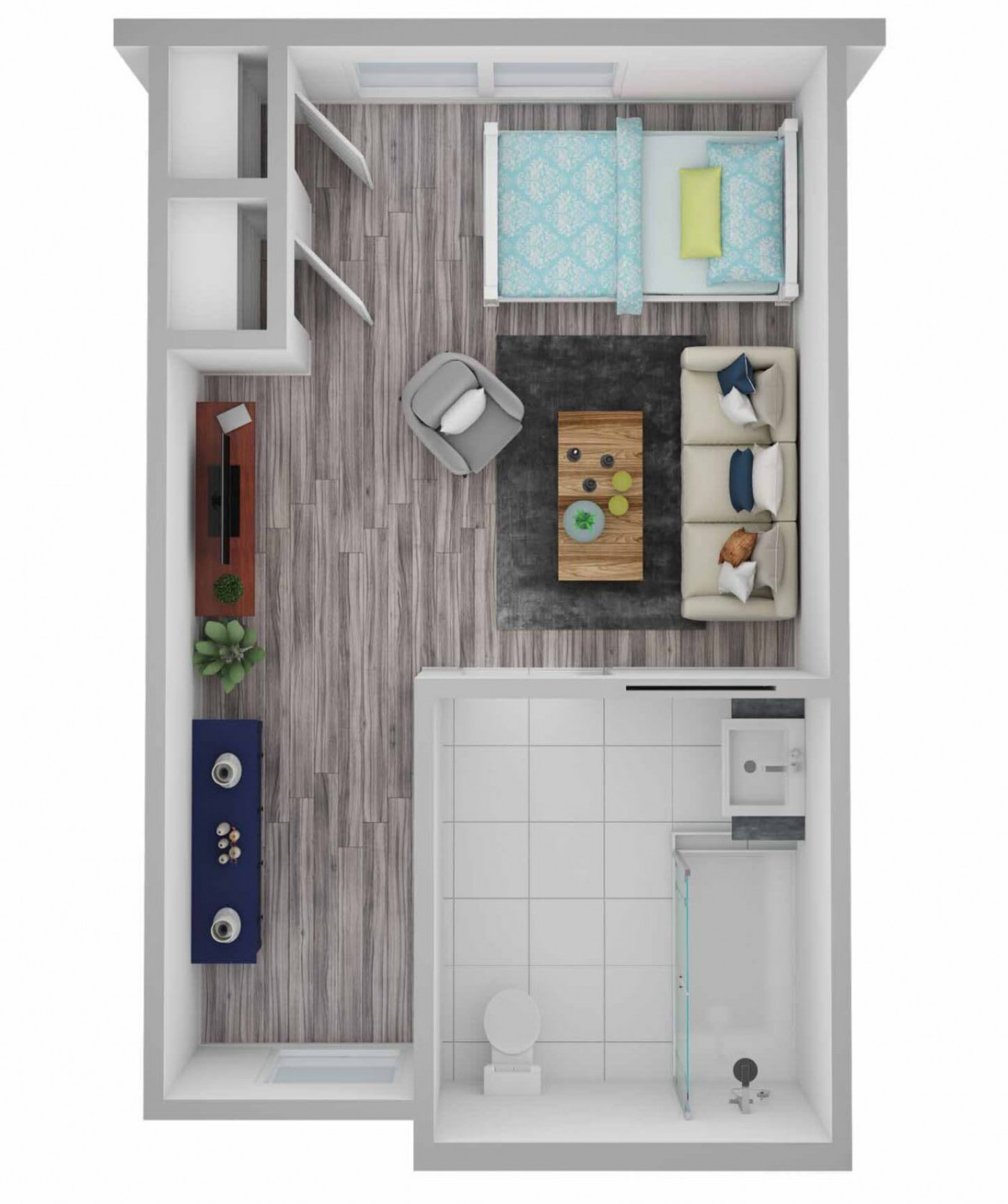 A top-down view of a small apartment floor plan showing the layout of the living room, bedroom, and bathroom.