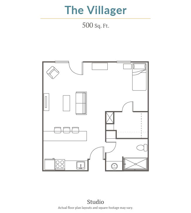 Floor plan for 'The Villager' apartment, featuring a compact 500 sq ft layout.