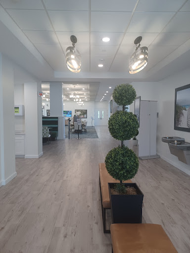 A modern office lobby featuring stylish topiary plants and a bright, open layout.