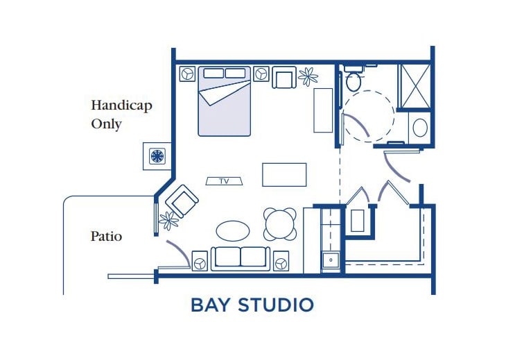 Floor plan of a bay studio apartment with designated living, sleeping, and bathroom areas.