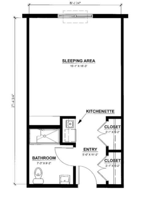 Studio apartment floor plan with a sleeping area, kitchenette, bathroom, and closets.
