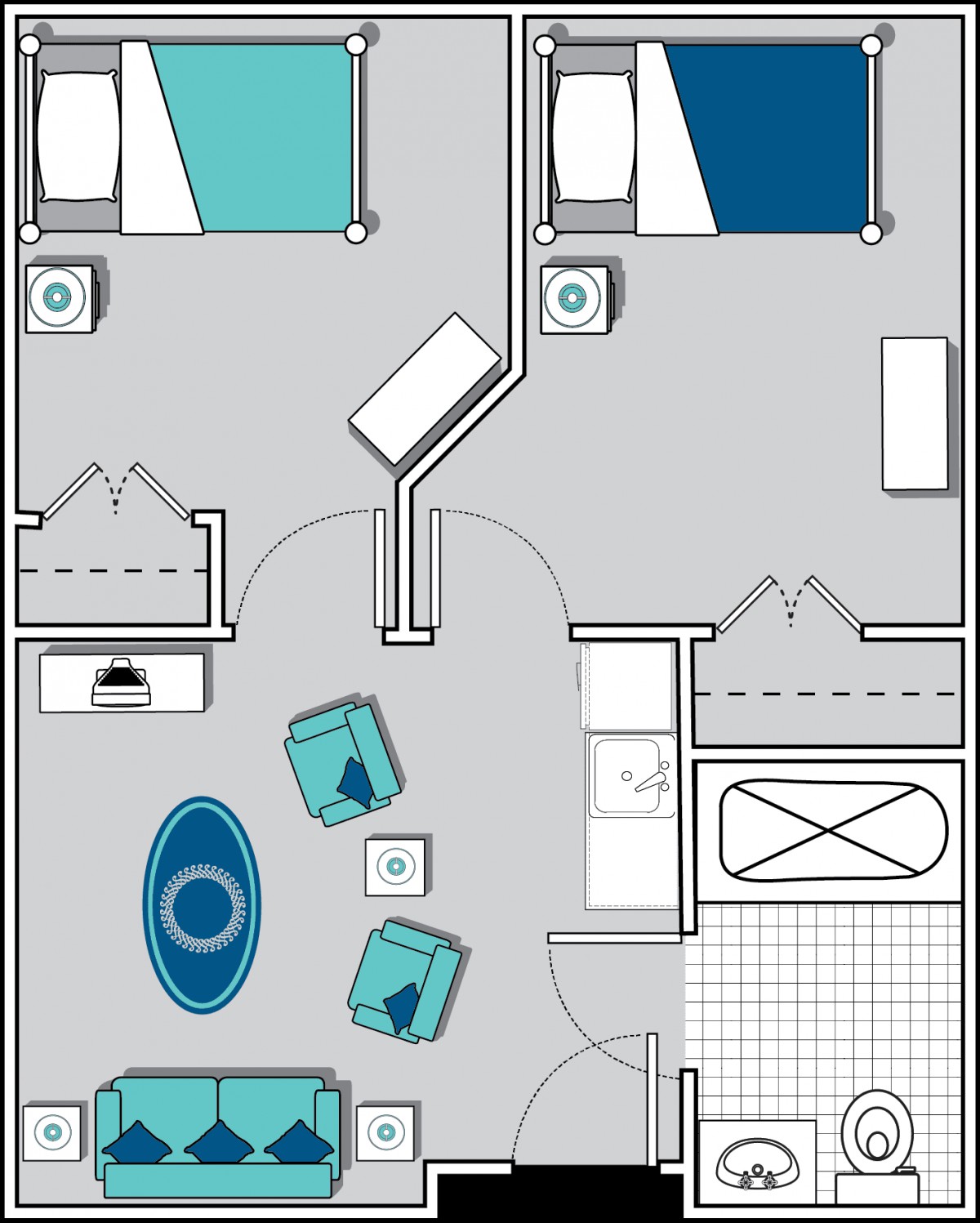 A detailed floor plan of a two-bedroom apartment featuring a living room, bathroom, and arranged furniture.