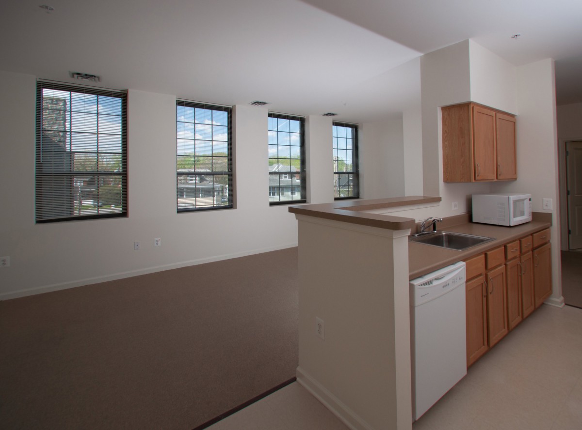Spacious apartment interior with an open kitchen and large windows.