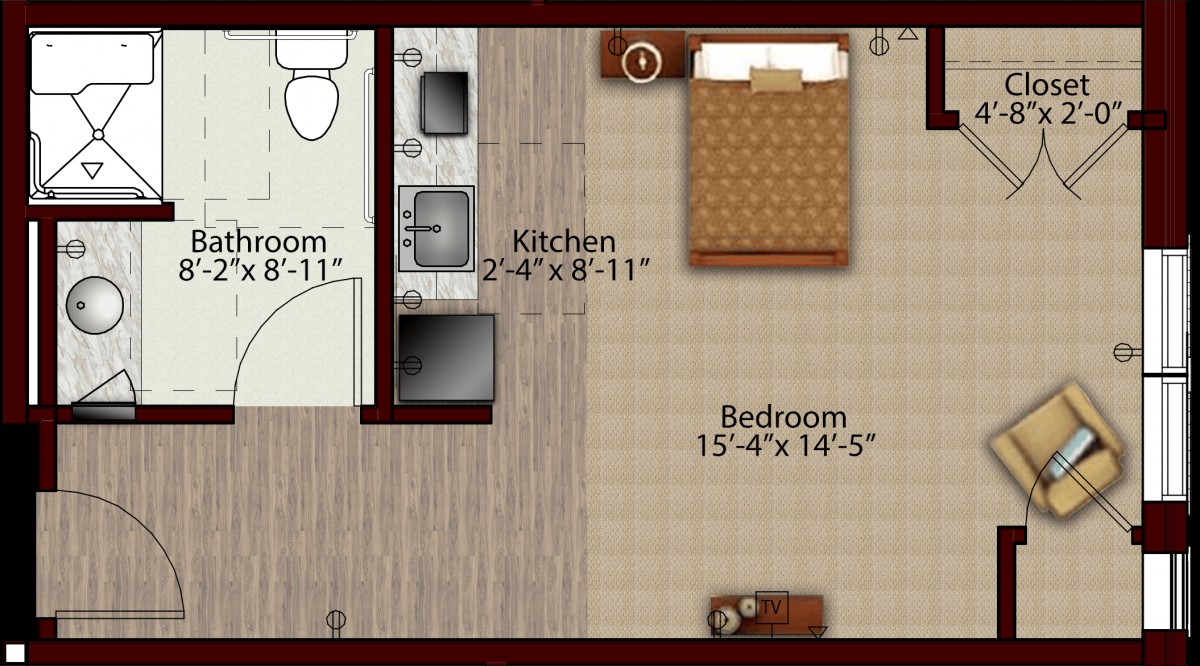 A floor plan showing a small apartment with a bedroom, kitchen, and bathroom.