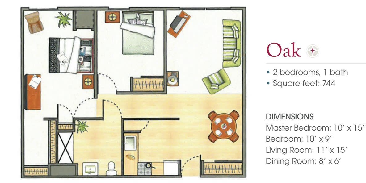 A detailed floor plan of an apartment including a bedroom, living room, and kitchen.