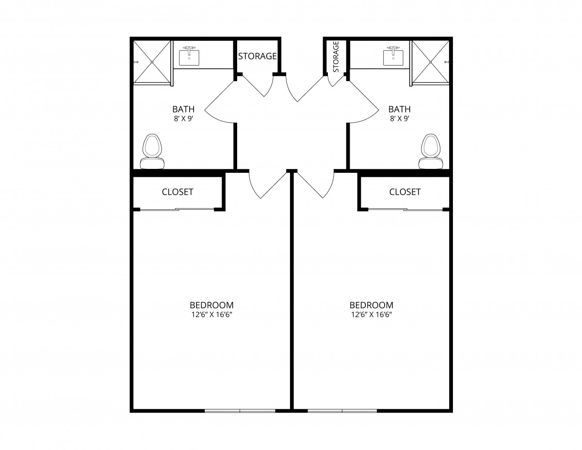 A blueprint of a two-bedroom apartment with separate bathrooms.