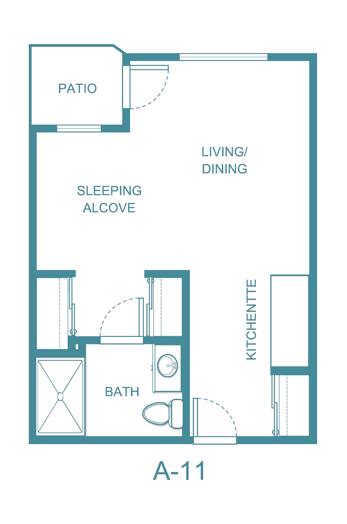Studio apartment floor plan with sleeping alcove, patio, and kitchenette.
